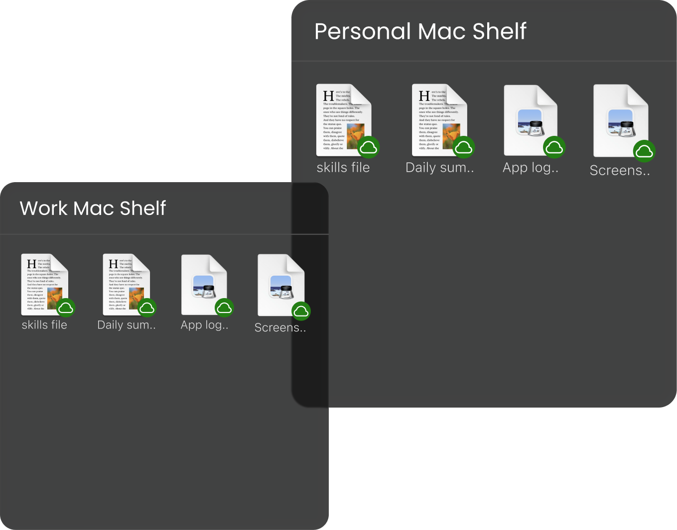 Personal Mac and Work Mac shelves showing the same files